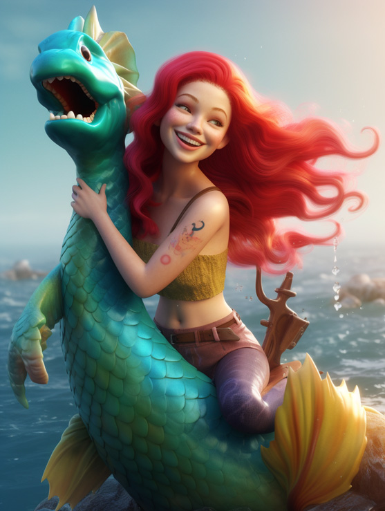 AI Cute mermaid with tail red hair riding seahorse water style - Mermaid Coin